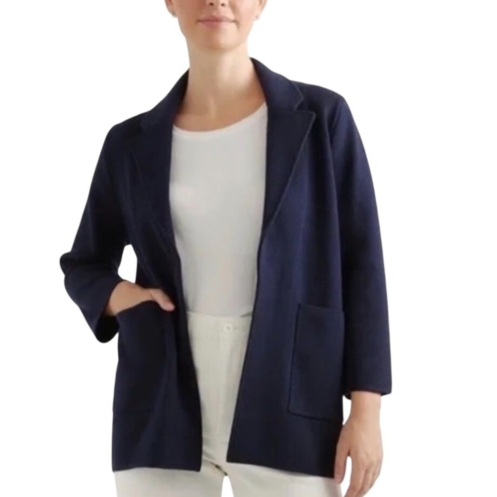 J.Crew Sophie Sweater Blazer Navy Blue Merino Wool Blend XXS Open Front Pockets